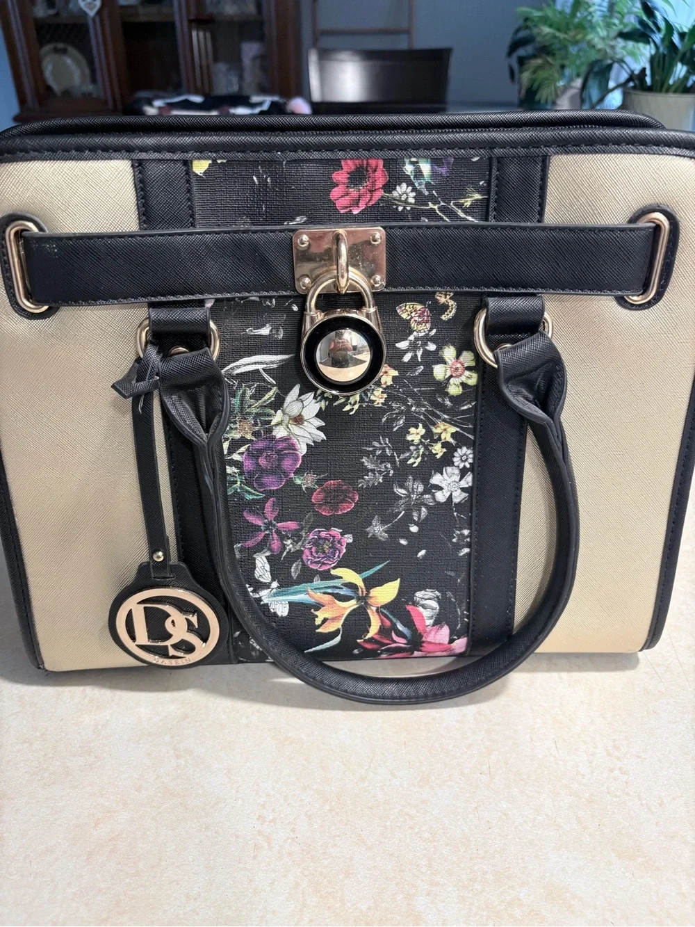 Black & Cream Floral Accent Satchel Handbag